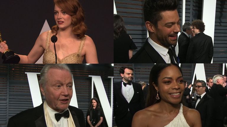The stars react to that Oscars gaffe on the red carpet of the Vanity Fair party. 