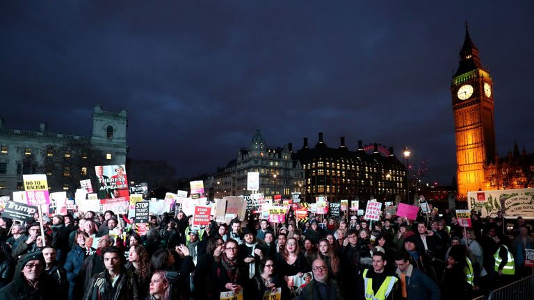 Demonstrators attend a rally in Westminster protesting against Donald Trump 
