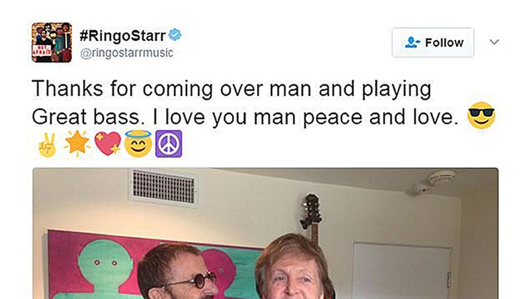 Paul and Ringo were in the studio together over the weekend working on the latter&#39;s latest album. Pic: Ringo Starr/Twitter