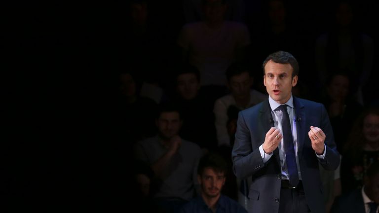 French presidential election candidate for the En Marche ! movement Emmanuel Macron speaks on stage at a campaign event in central London on February 21, 2017. French presidential election front-runner Macron paid a hastily-arranged visit to see British Prime Minister Theresa May on Tuesday ahead of a campaign speech in London