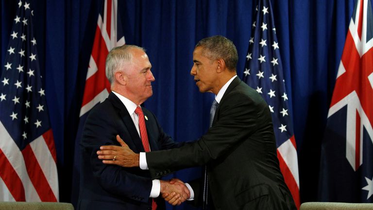 U.S. President Barack Obama and Australian Prime Minister Malcolm Turnbull meet during the APEC Summit in Lima, Peru November 20, 2016