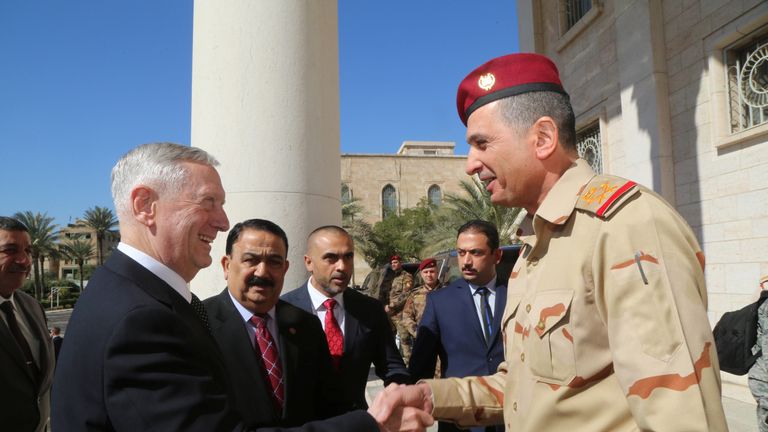 Iraqi Chief of Staff General Othman al-Ghanimi welcomes U.S. Defense Secretary James Mattis