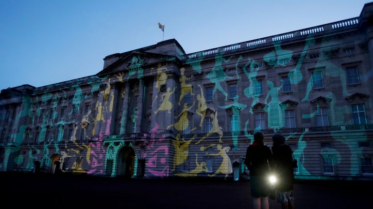 A projection designed by Studio Carrom, the Bangalore and London-based design studio, of a peacock and dancing figures on the facade of Buckingham Palace, London, as a reception to mark the launch of the UK-India Year of Culture 2017 takes place.