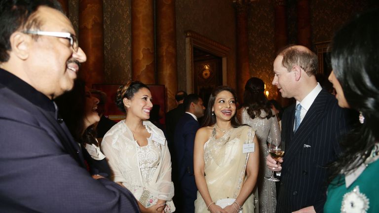 The Earl of Wessex (left) speaks to Ayesha Dharker (centre) during a reception to mark the launch of the UK-India Year of Culture 2017 at Buckingham Palace, London
