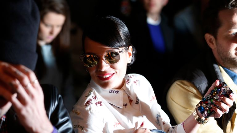 British singer Lily Allen is pictured at the front row during the presentation of the House of Holland Autumn/Winter 2014 collection during London Fashion Week February 15, 2014