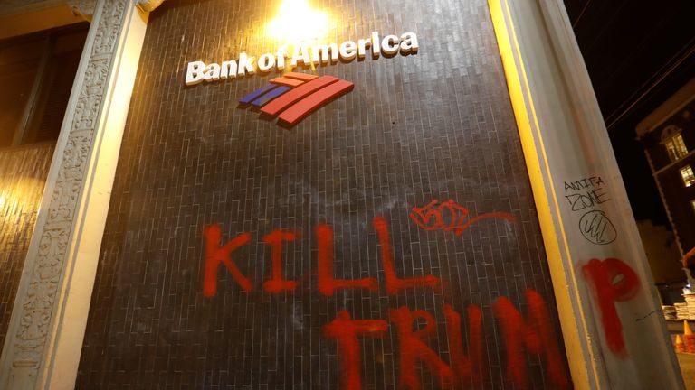 A Bank of America office was vandalised during the protests