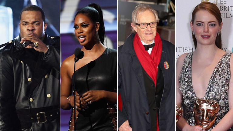 Busta Rhymes and Laverne Cox at the Grammys (L) and Ken Loach and Emma Stone at the BAFTAs