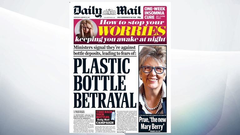 A deposit scheme for plastic bottles is due to be rejected by ministers, claims the Daily Mail
