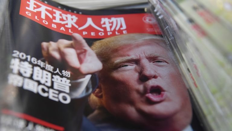 A Chinese magazine with a front page story naming Donald Trump as its Person of the Year, December 2016 