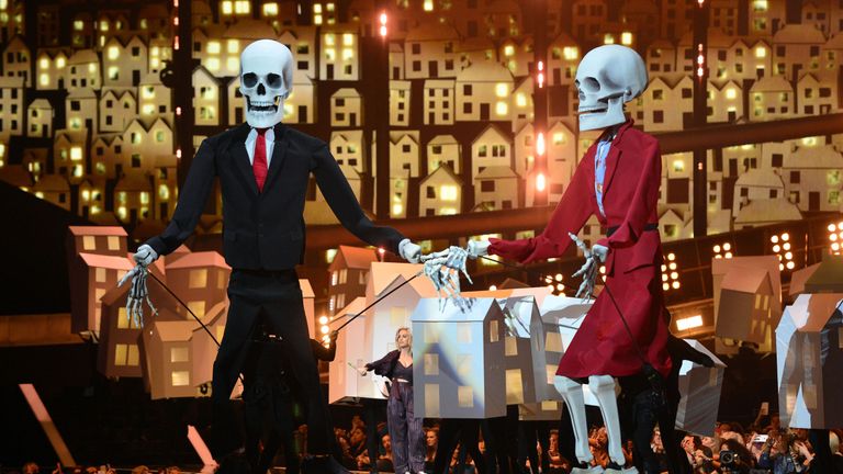 Katy Perry introduced puppets dressed as Donald Trump and Theresa May during her performance
