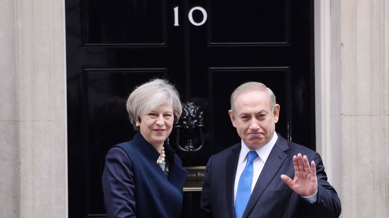 Prime Minister Theresa May greets Israeli Prime Minister Benjamin Netanyahu 