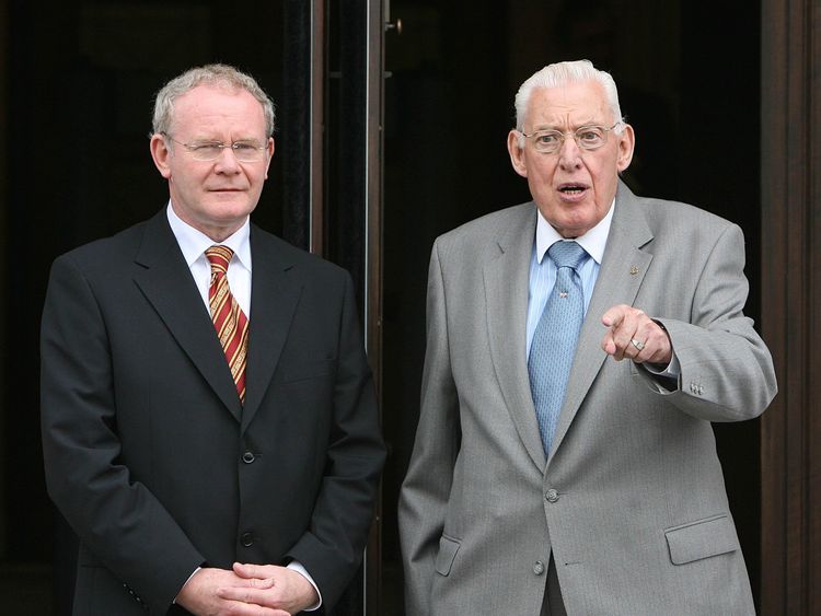 Northern Ireland First Minister Ian Paisley and Deputy First Minister Martin McGuinness speak to the press before a meeting of the British-Irish Council at Stormont, 2007