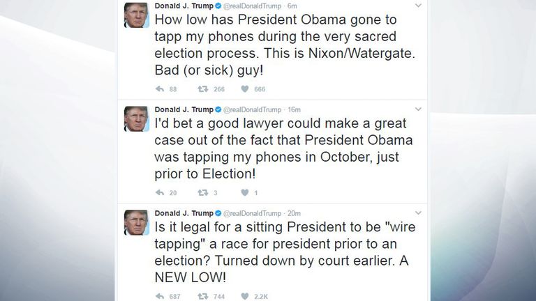 Mr Trump has posted a series of tweets about the wire tap claims