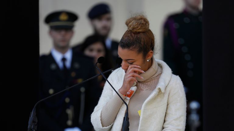 Sarah Esmael Fazal, whose sister Sabrina Fazal was killed in the attacks, delivers an emotional speech