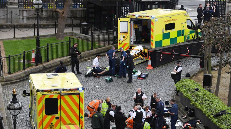 Emergency services attend a man outside the Palace of Westminster