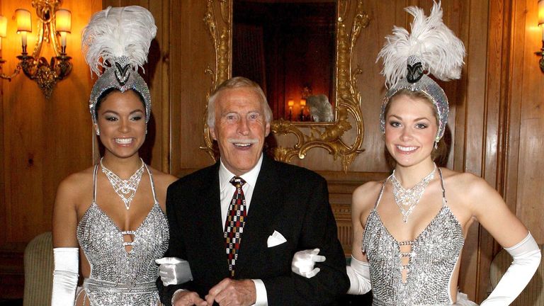 Bruce Forsyth is joined by Miss Puerto Rico (left) and Miss England to celebrate his 80th birthday at the Dorchester Hotel in central London. 2008