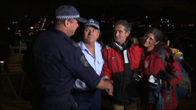 Nick Dwyer and Barbara Heftman thank their rescuers in Sydney after they were saved from rough seas between New Zealand and Australia