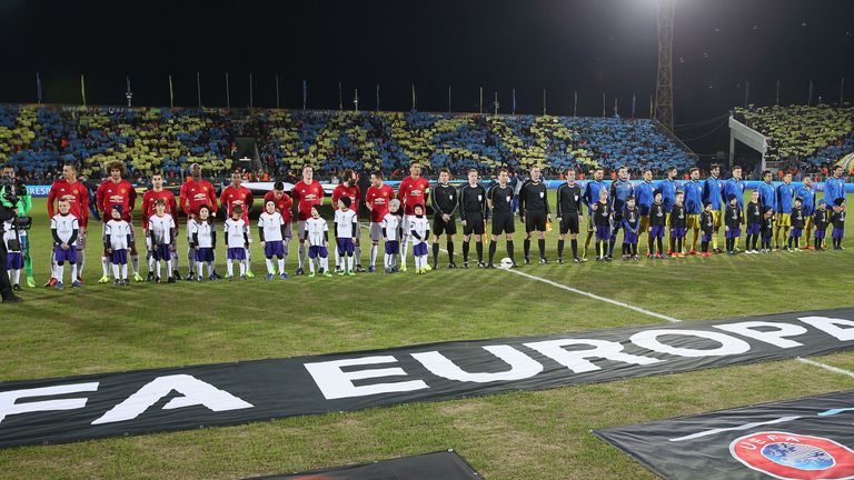 Manchester United and Rostov line up before kick-off in their UEFA Europa League tie