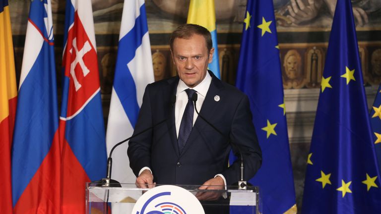 European Council President Donald Tusk delivers a speech during a debate on the future of the EU