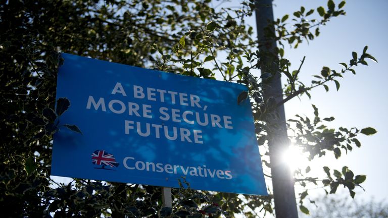 A Conservative party sign is displayed in the run up to the 2015 general election