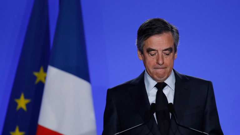 Francois Fillon, former French prime minister, member of the Republicans political party and 2017 presidential election candidate of the French centre-right, makes a declaration to the media at his campaign headquarters in Paris, France, March 1, 2017