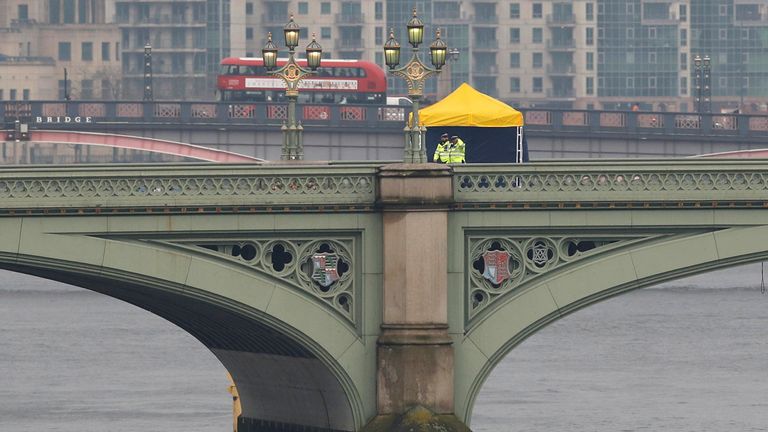 Police officers and forensics investigators work on Westminster Bridge 