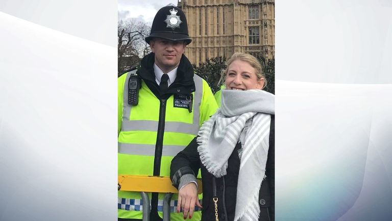 Last known picture of PC Keith Palmer with US tourist Staci Martin