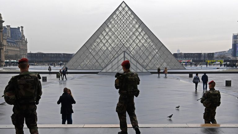 Soldiers on Operation Sentinelle patrol outisde the Louvre