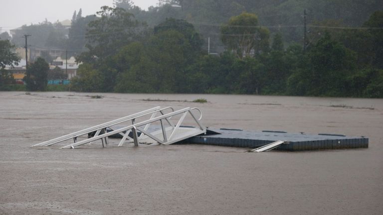 Infrastructure along the tweed river as flood waters rise in Murwillumbah