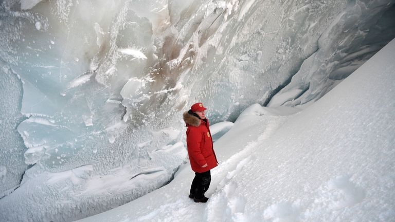 Russian President Vladimir Putin visits the cave of Arctic Pilots Glacier in Alexandra Land in remote Arctic islands of Franz Josef Land, Russia 