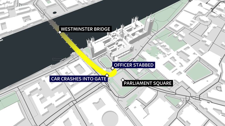 A map showing what happened in the Westminster terror attack
