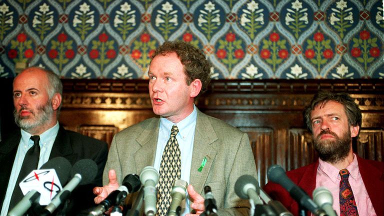 Martin McGuinness attending a news conference in the House of Commons to mark the first anniversary of the IRA ceasefire in 1995