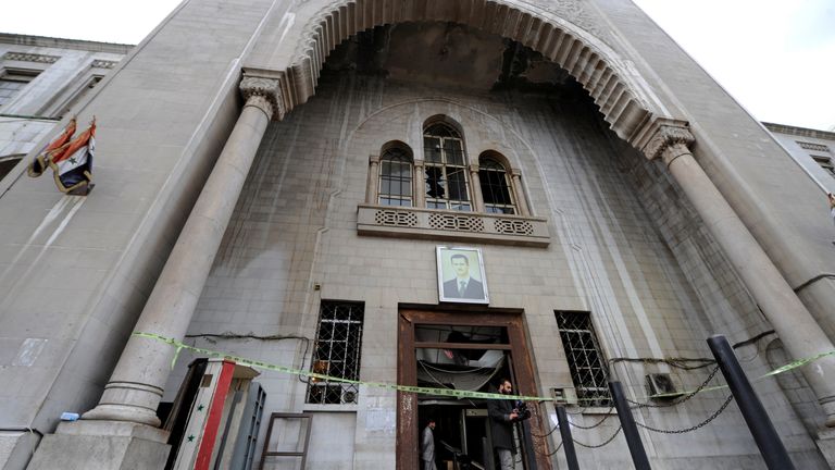 Blood on the ground in front of the building following the attack