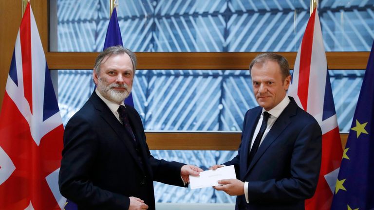 Britain&#39;s permanent representative to the European Union Tim Barrow delivers British Prime Minister Theresa May&#39;s Brexit letter to EU Council President Donald Tusk in Brussels
BRITAIN-EU/
Britain&#39;s permanent representative to the European Union Tim Barrow delivers British Prime Minister Theresa May&#39;s Brexit letter to EU Council President Donald Tusk in Brussels