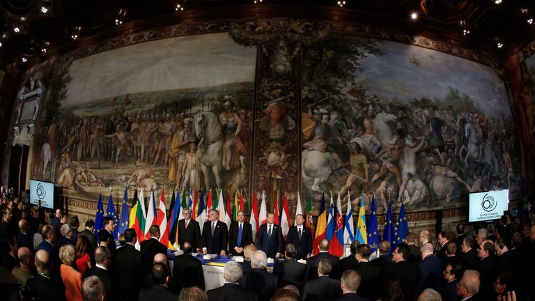 EU leaders stand inside Orazi and Curiazi hall 