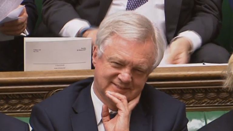 Brexit Secretary David Davis smiles after Prime Minister Theresa May announced that she has triggered Article 50