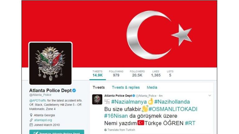 The Turkish flag was also used in the hack. Pic: @Atlanta_Police/Twitter