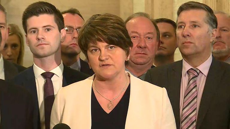 DUP leader Arlene Foster speaking after a Stormont Assembly session was axed