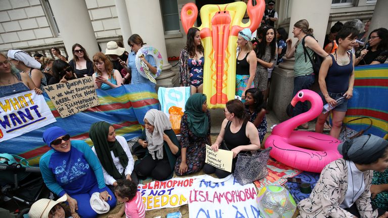 Last summer&#39;s ban on the burkini sparked a demonstration outside the French embassy in London 