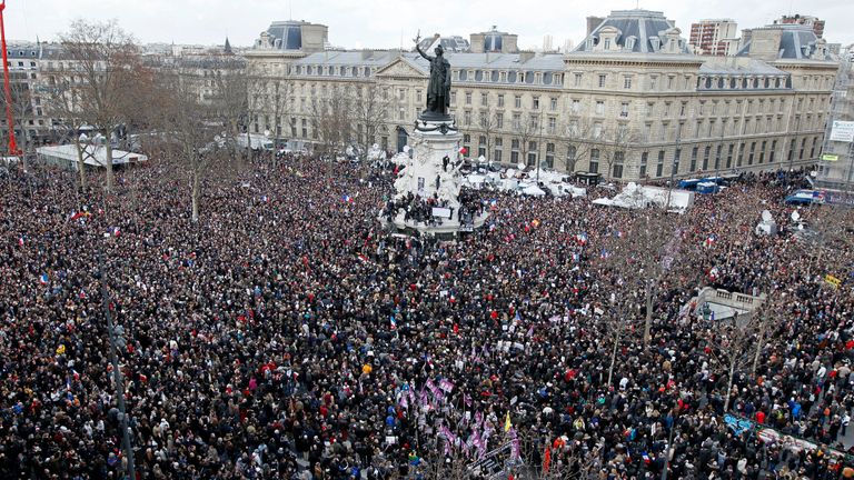 Hundreds of thousands of people gathering on the Place de la Republique to attend the unity march on 11 January 2015