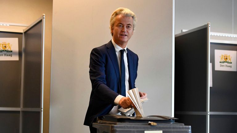 Dutch far-right politician Geert Wilders of the PVV party votes in the general election in The Hague, Netherlands