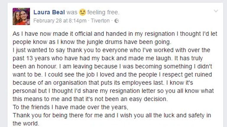 Ms Beal announced her resignation in a letter on social media
