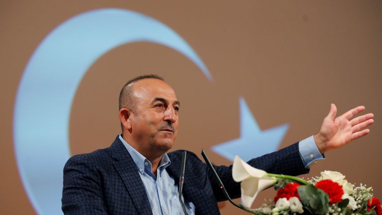 Turkish Foreign Minister Mevlut Cavusoglu addresses supporters during a political rally on Turkey's upcoming referendum, in Metz, France, March 12, 2017