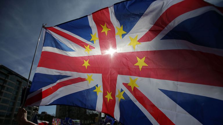 A Union flag decorated with the stars of the EU flag during an anti-Brexit march in London