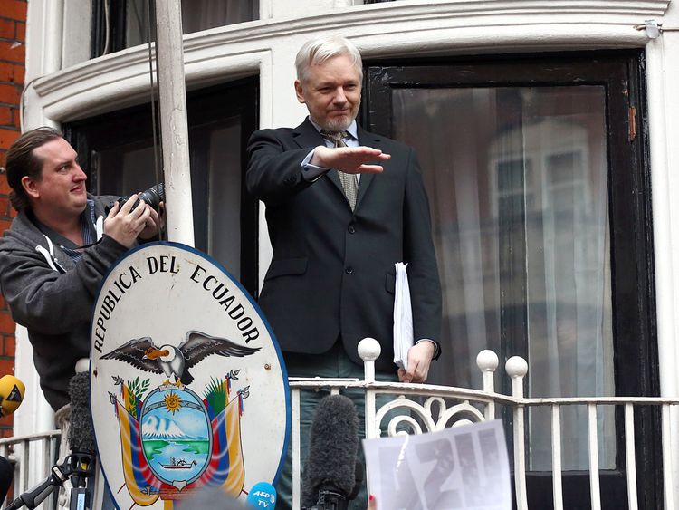 WikiLeaks founder Julian Assange at the balcony of the Ecuadorian Embassy in February 2016