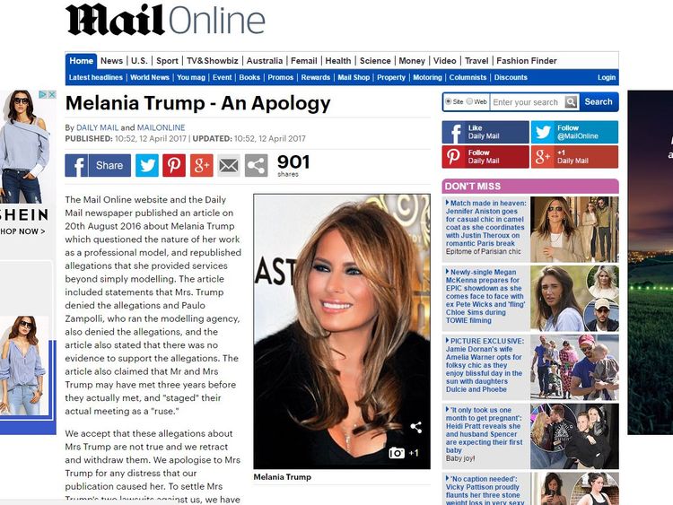 Melania Trump accepts damages from Daily Mail over model claims