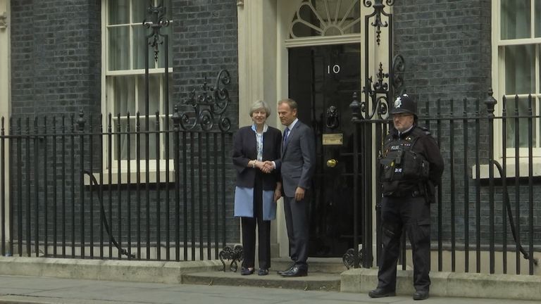 Theresa May and Donald Tusk meet at Downing Street for Brexit talks