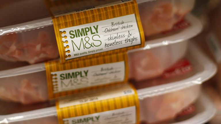 Chicken is displayed at an M&S food hall in northwest London July 8, 2014
