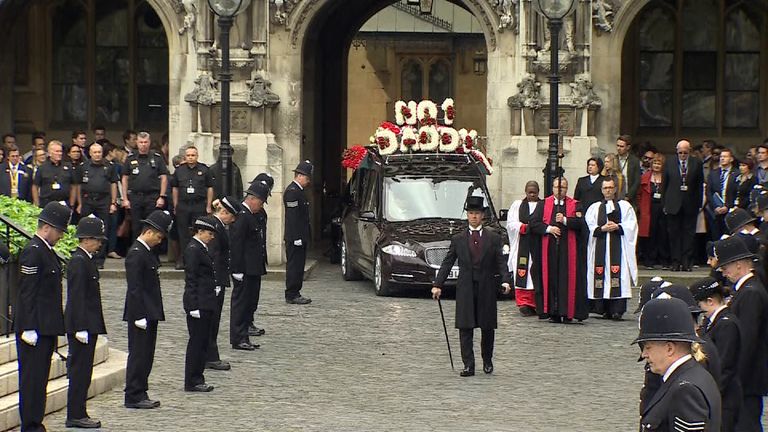 PC Keith Palmer&#39;s coffin leaves the Palace of Westminster for Southwark Cathedral