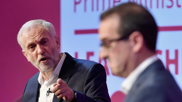 Jeremy Corbyn in the Labour leadership debate with Owen Smith last year